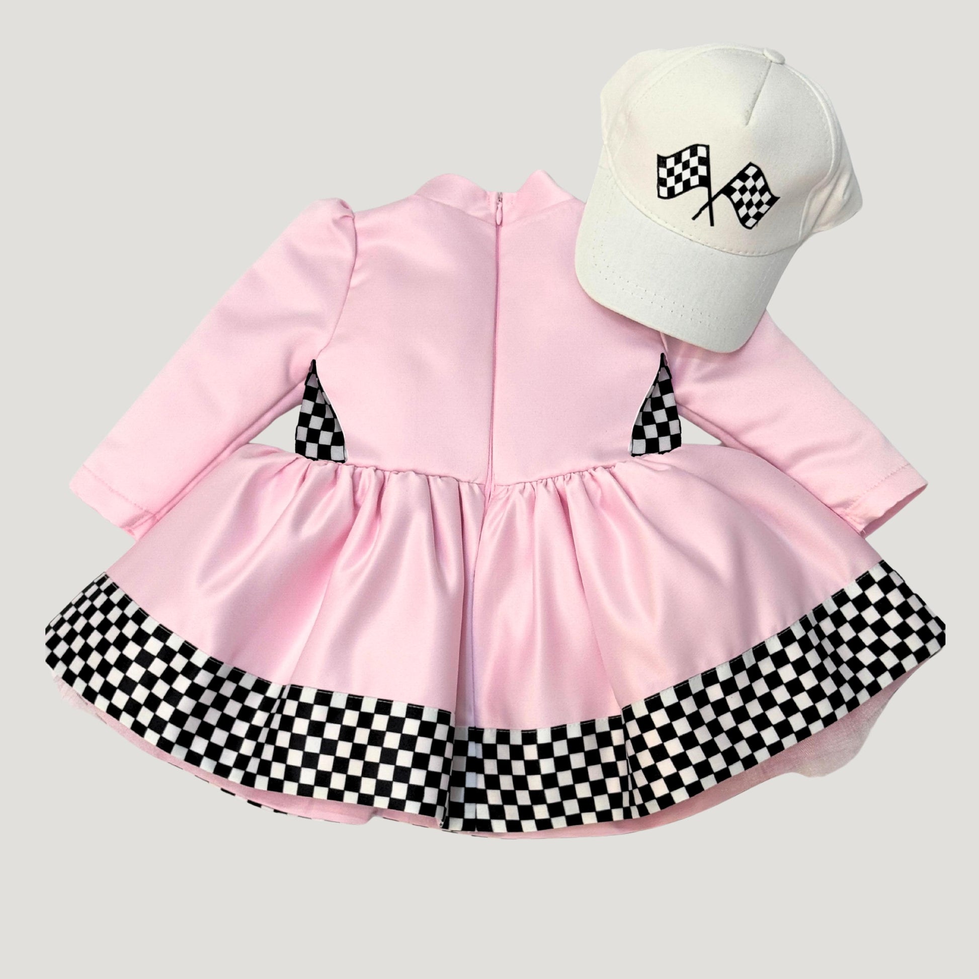 Puffy race car dress with custom name embroidery