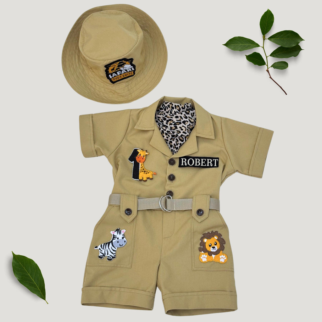 Personalized Safari Costume for Boys & Girls – Beige Romper with Custom Name