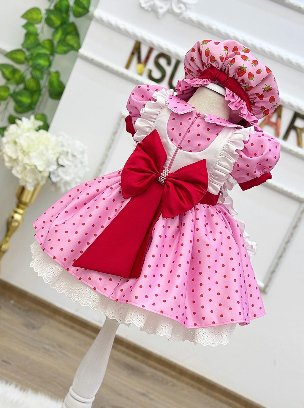 Puff sleeve berry birthday outfit for baby girls