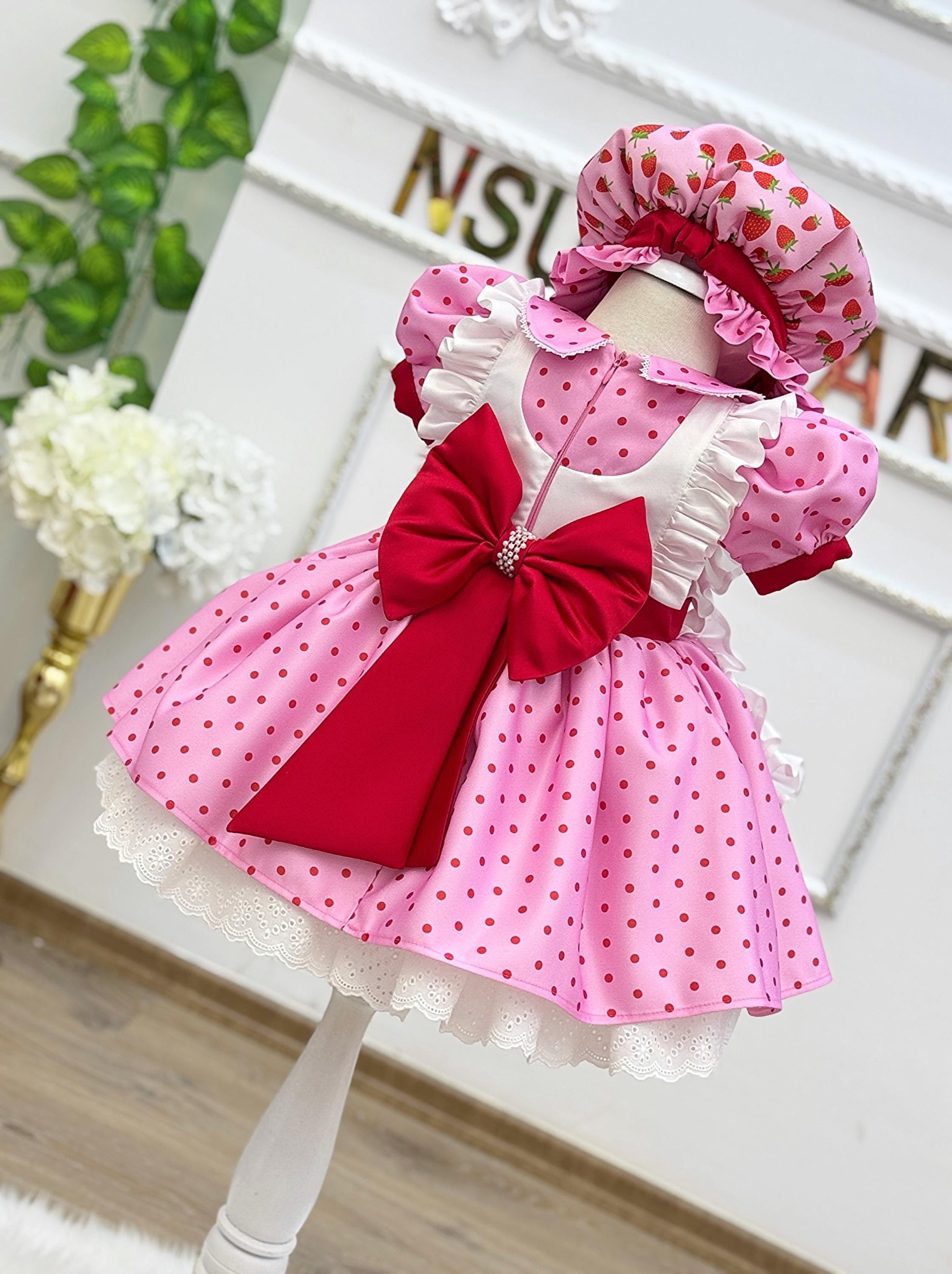 Puff sleeve berry birthday outfit for baby girls