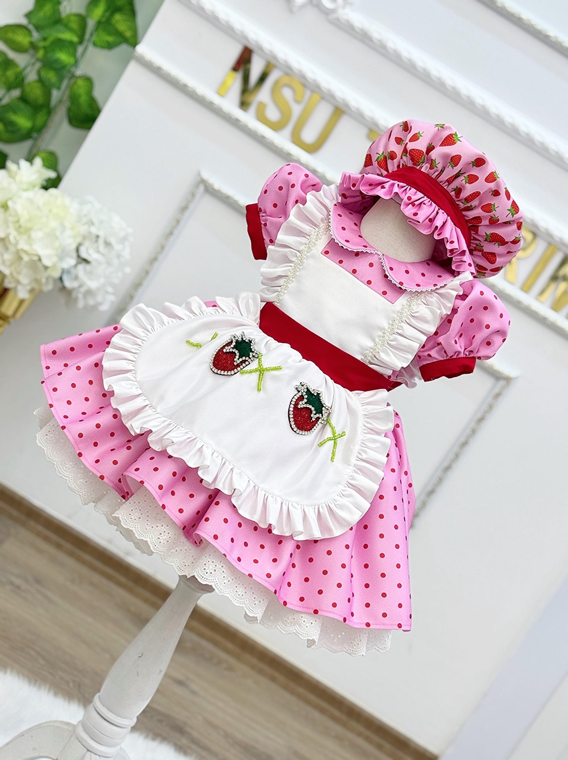 Pink strawberry birthday dress for toddler girls