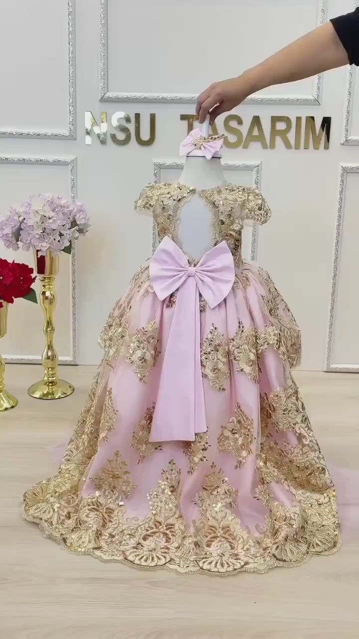 Baby girl dress. Pink gold. Sparkle gold lace. For special occasion, high low,  princess gown, couture gown.
