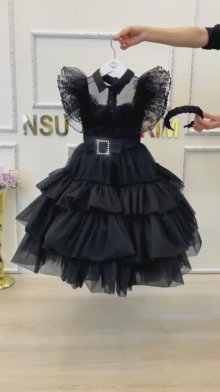 Wednesday addams dress. Black Wednesday  dress. Kids party dress. Wednesday Birthday dress. Wednesday addams theme outfit Handmade!