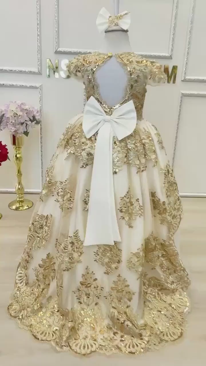 Baby girl dress. White gold. Sparkle gold lace. For special occasion. High low. couture gown.