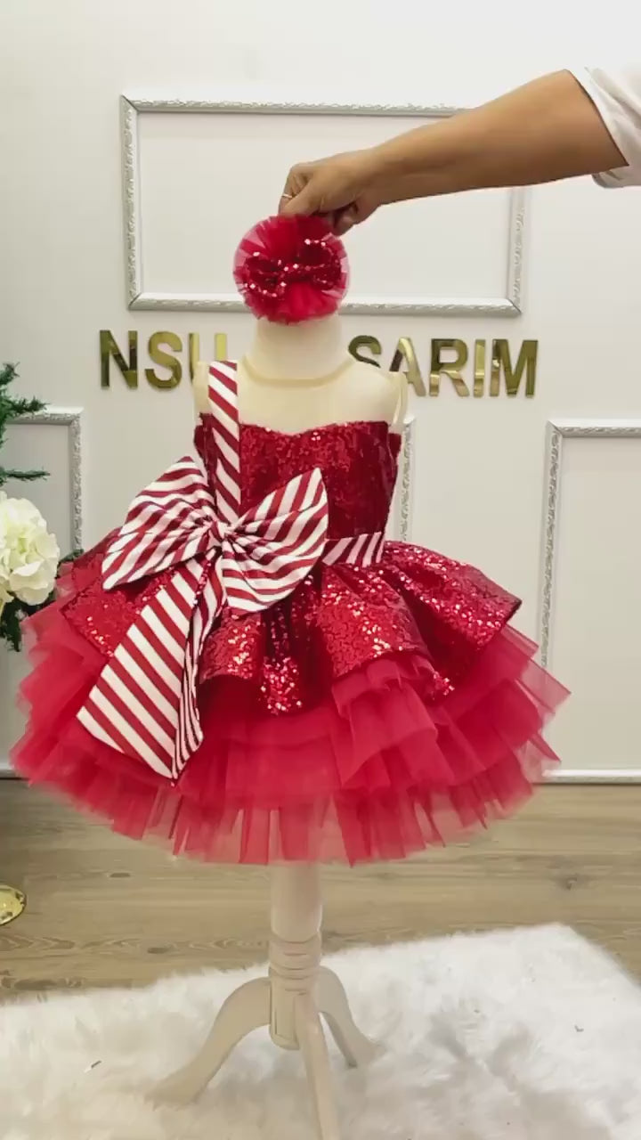 Christmas Red shiny sequin fabric. Knee length fluffy Christmas baby girl dress, fluffy dress for Christmas. sparkly christmas girl dress