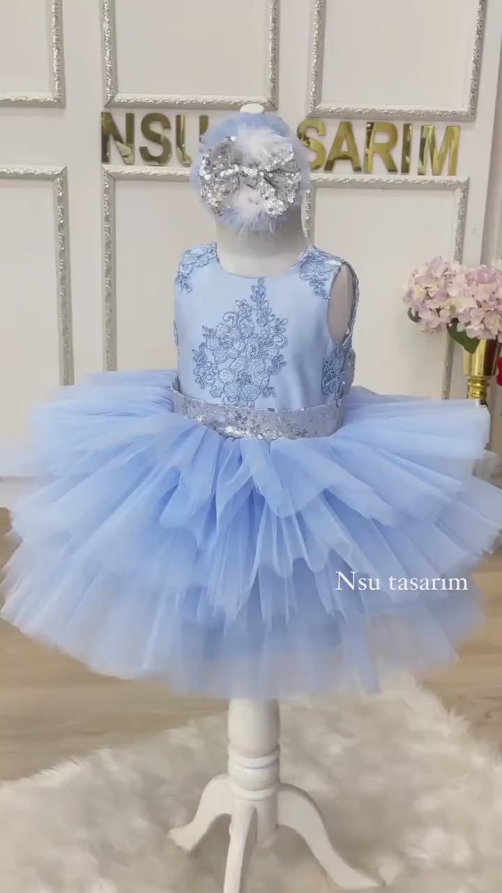 baby girl blue and silver dress. for special occasion . Baby girl brithday dress . 1st Birthday dress. Blue and sequin silver dress.