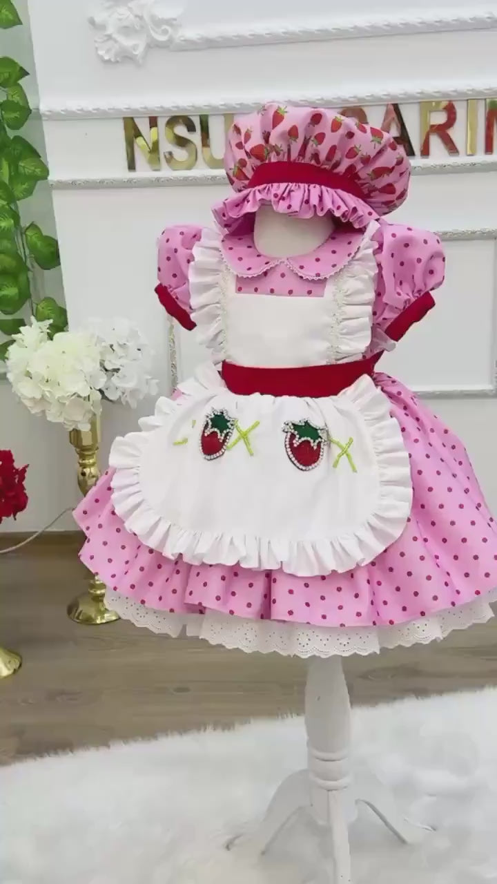 Strawberry Costume Pink Toddler Dress with Apron – Handmade Strawberry Birthday Outfit for Baby Girl