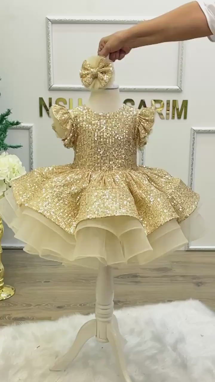 Shimmer in Style: Our Gold Sequin Holiday Dress for Girls, Glittering in Gold Christmas Dress for Your Little Princess. Gold Baby Girl Dress