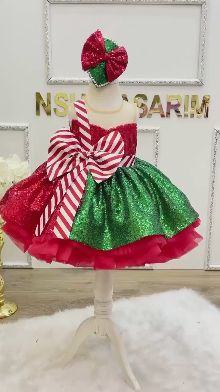 Sparkling Red and Green Sleeveless Christmas Baby Girl Dress Christmas Holiday Dress. Shimmery Christmas Baby Girl Dress. Noel kids dress