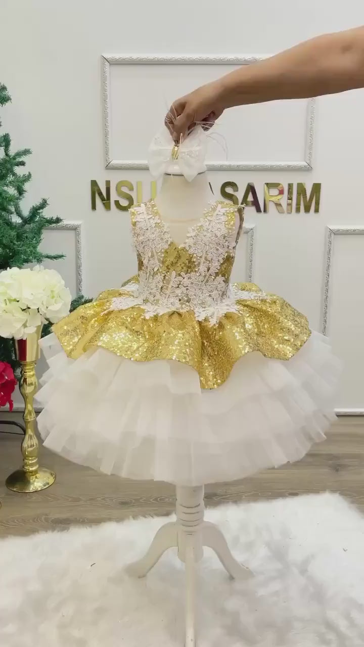 Christmas holiday baby girl dress, Gold Shiny Sequin Fabric, Puffy Knee Length Flower Girl Dress, Gold  White Lace Detailed Handmade Dress