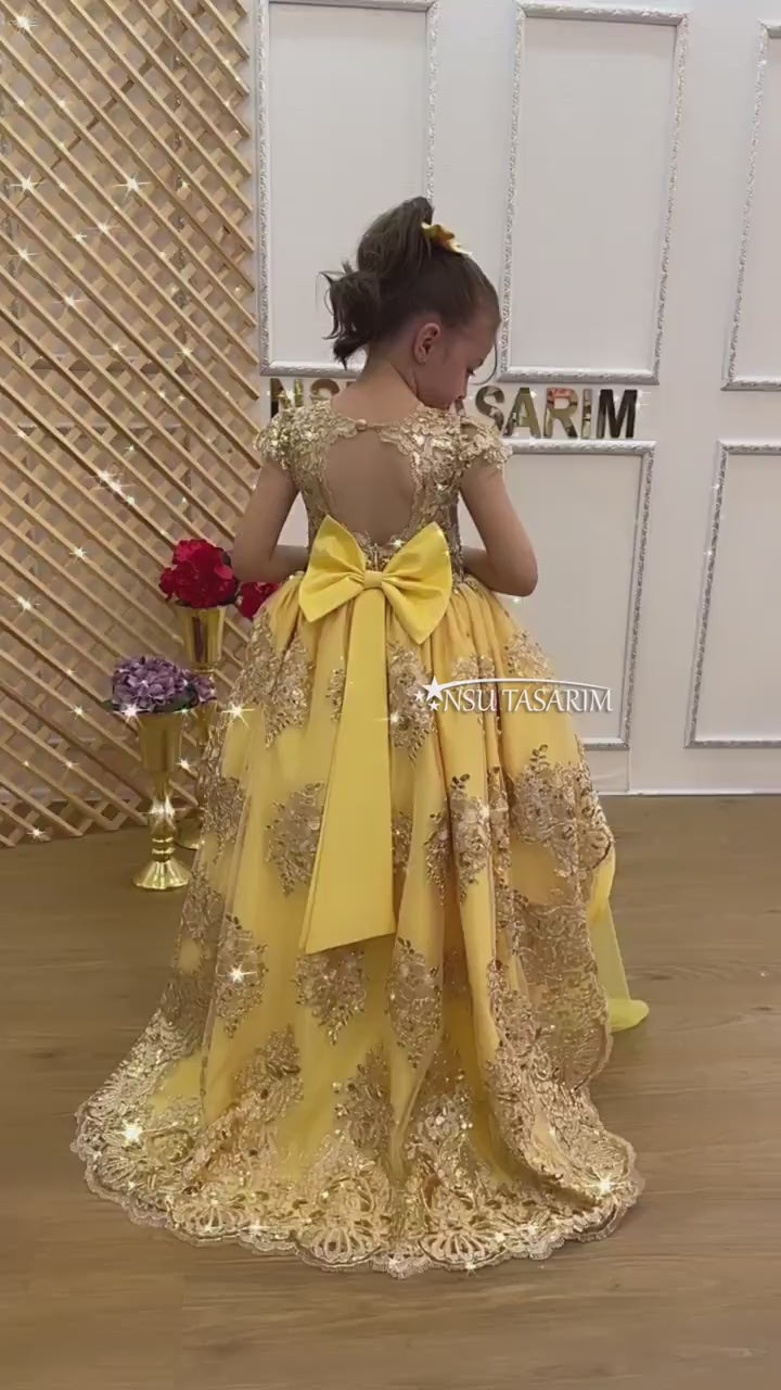Baby Princess party dress. Belle dress.  Yellow and Sparkle gold lace. High low. For special occasion, high low designs.