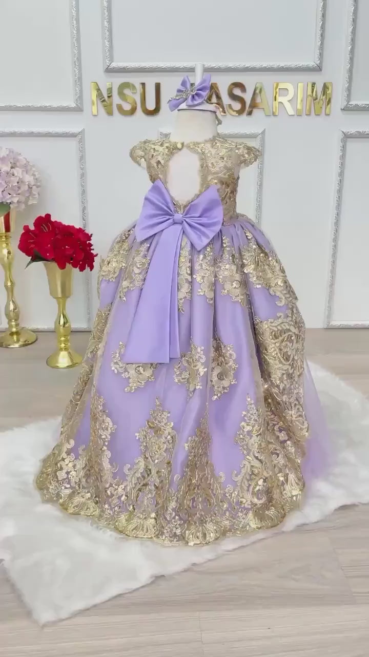 Baby Princess lilac party dress. Lavender and golden dress.  Lavender and Sparkle gold lace. For special occasion, high low designs.