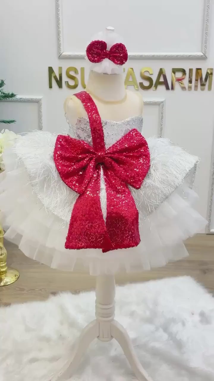 Silver Shiny Sequin Fabric, Fluffy Knee Length, Christmas Holiday Dress, Red Silver Feather Detailed Christmas Theme Baby Girl Dress.