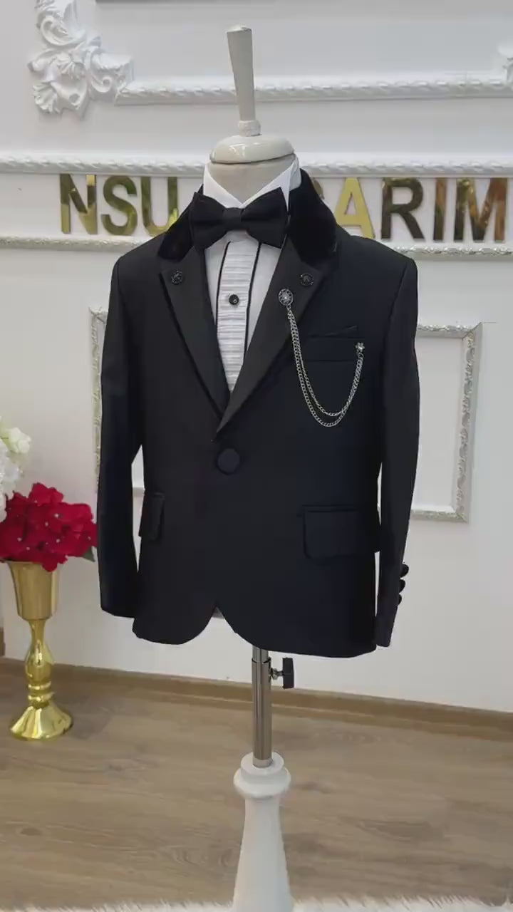Perfect Ring Bearer Outfit | Classic Black Baby Boy Tuxedo Set | Formal Suit for Boys | Complete Outfit with Jacket | Ideal Birthday Tuxedo