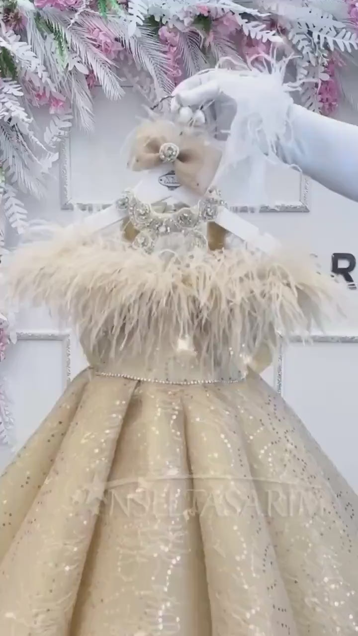 Girl gold lace overlay, Special pleated skirt dress. Crystal stones and feathers, Gold sequin lace dress, toddler dress