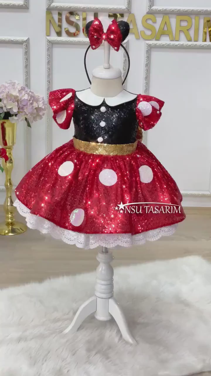 Red Minnie dress. Baby girl dress. Minnie mouse birthday dress. Red black sequin. Sparkle minnie dress. For special occasion. Handmade!