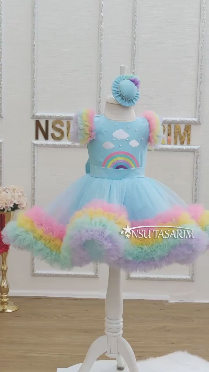 Rainbow theme dress . Baby girl dress. Rainbow  birthday dress. Rainbow Embroidery design dress. For special occasion. Handmade!