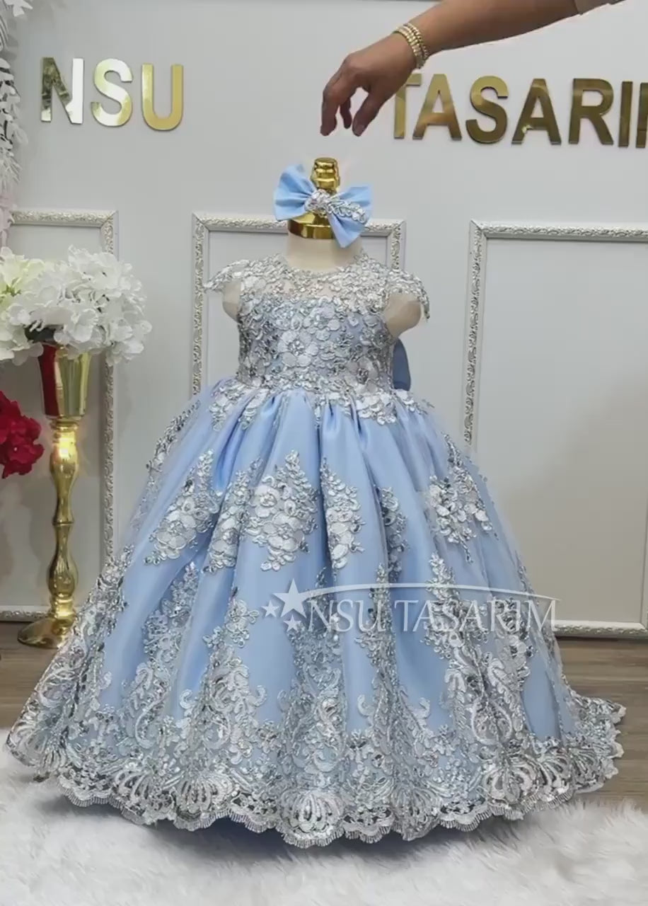 Full lenght Long tail high low,  Blue Silver Princess gown, Couture gown Blue