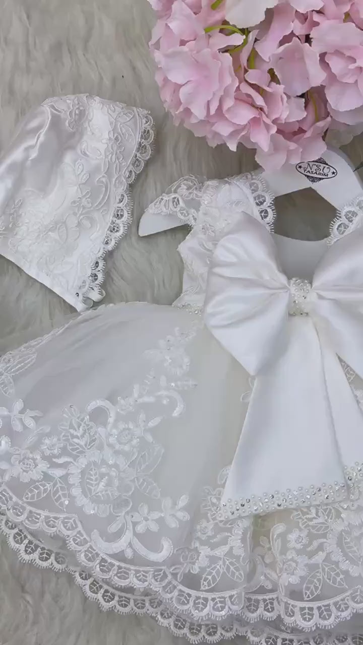 Handmade Baptism Dress Set for Baby Girl with Bonnet, Shoes and Headband